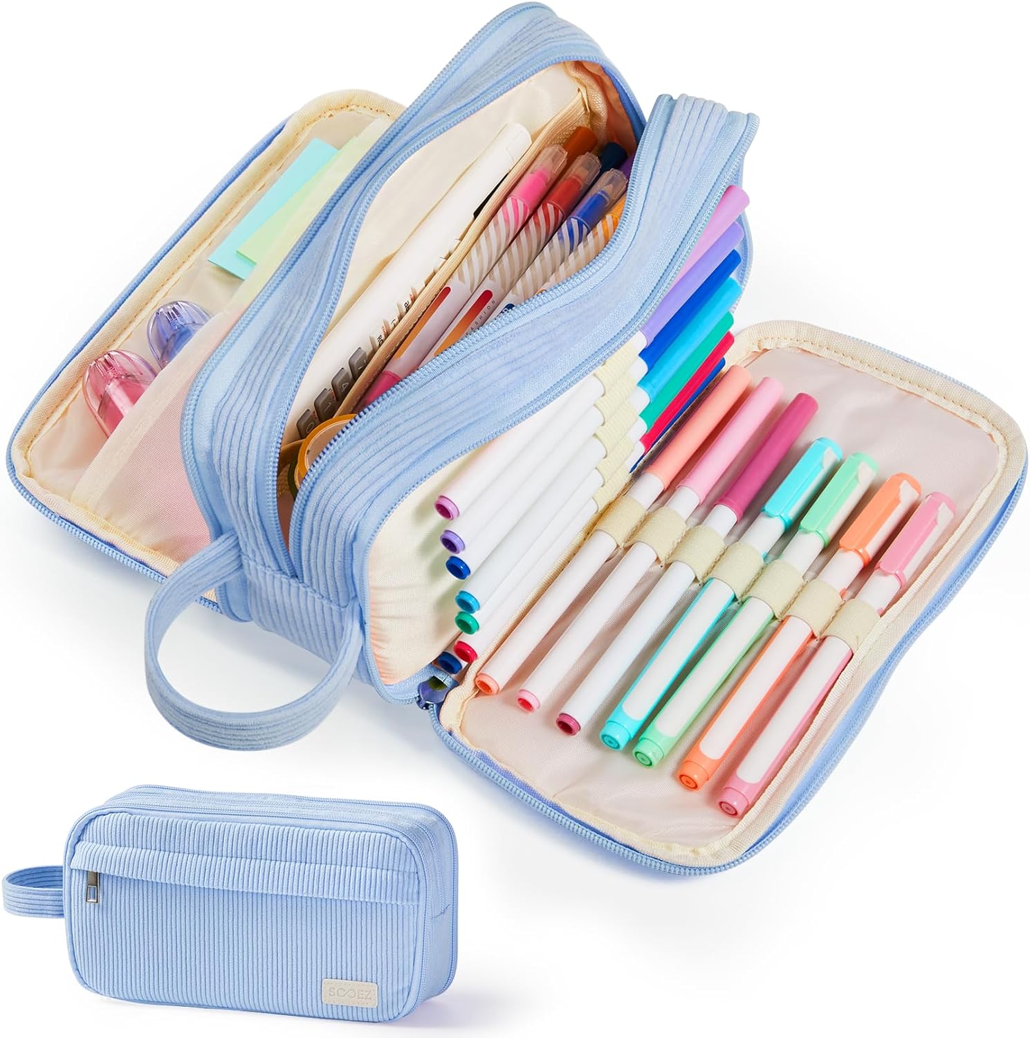 Sooez High Capacity Pencil Case. Soft Corduroy Pencil Pouch with 4 Compartments. Multiple Pockets. Large Pencil Bag with Sturdy Zipper. Cute Pencil Case Pouch Organizer for Student Teen Girls. Blue