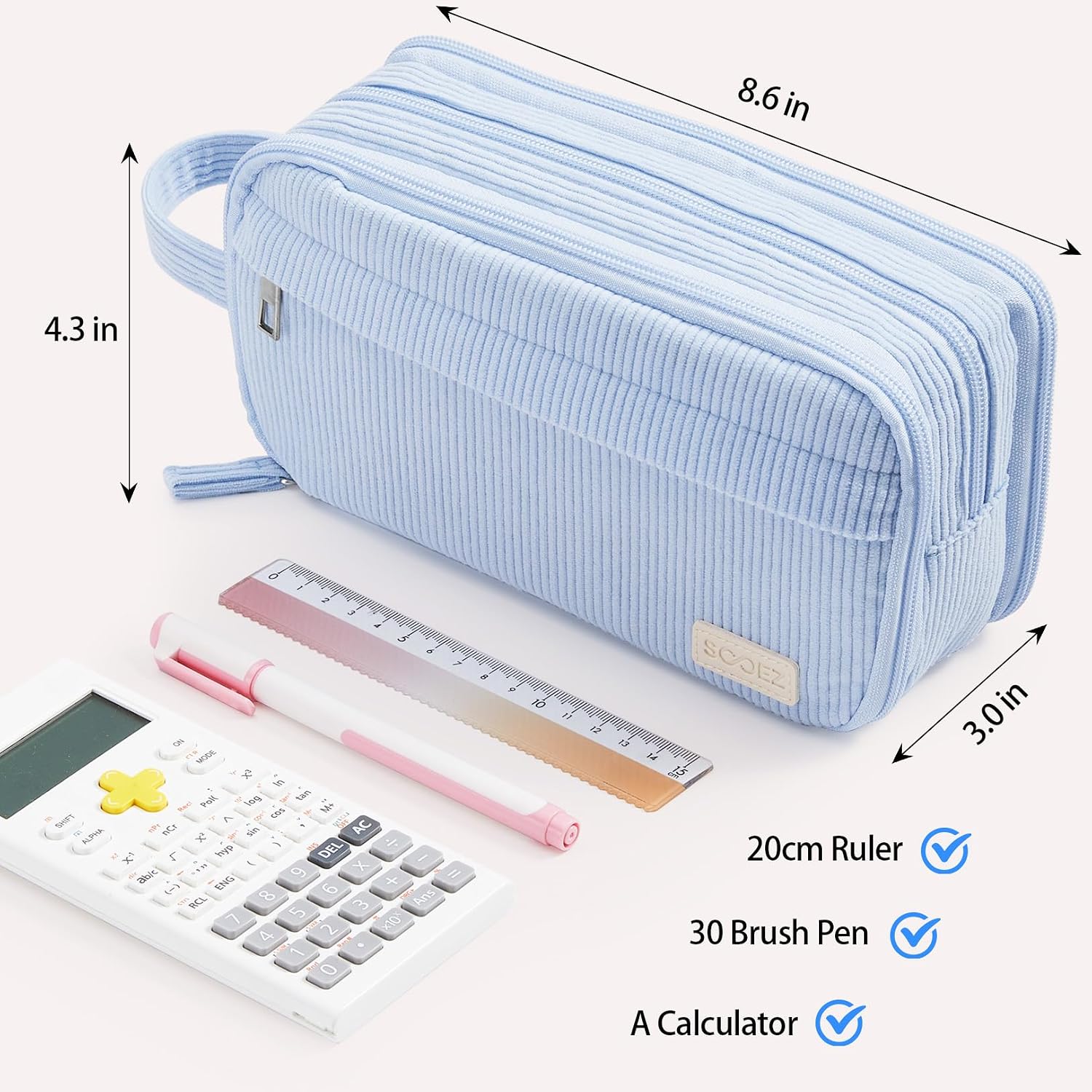 Sooez High Capacity Pencil Case. Soft Corduroy Pencil Pouch with 4 Compartments. Multiple Pockets. Large Pencil Bag with Sturdy Zipper. Cute Pencil Case Pouch Organizer for Student Teen Girls. Blue - Image 4