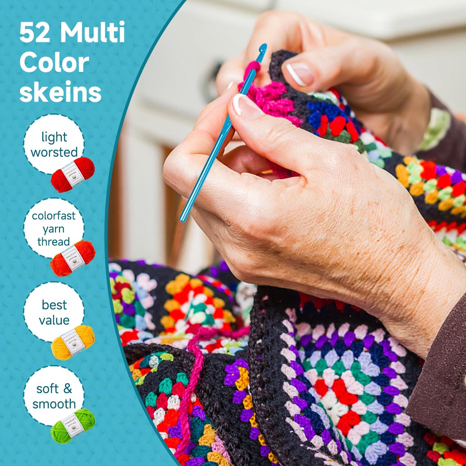 Inscraft 52 Acrylic Yarn Skeins. 1820 Yards 52 Colors. 2 Crochet Hooks. 2 Weaving Needles. 10 Stitch Markers. 1 Bag. for Crocheting & Knitting. Gift Beginners and Adults - Image 5