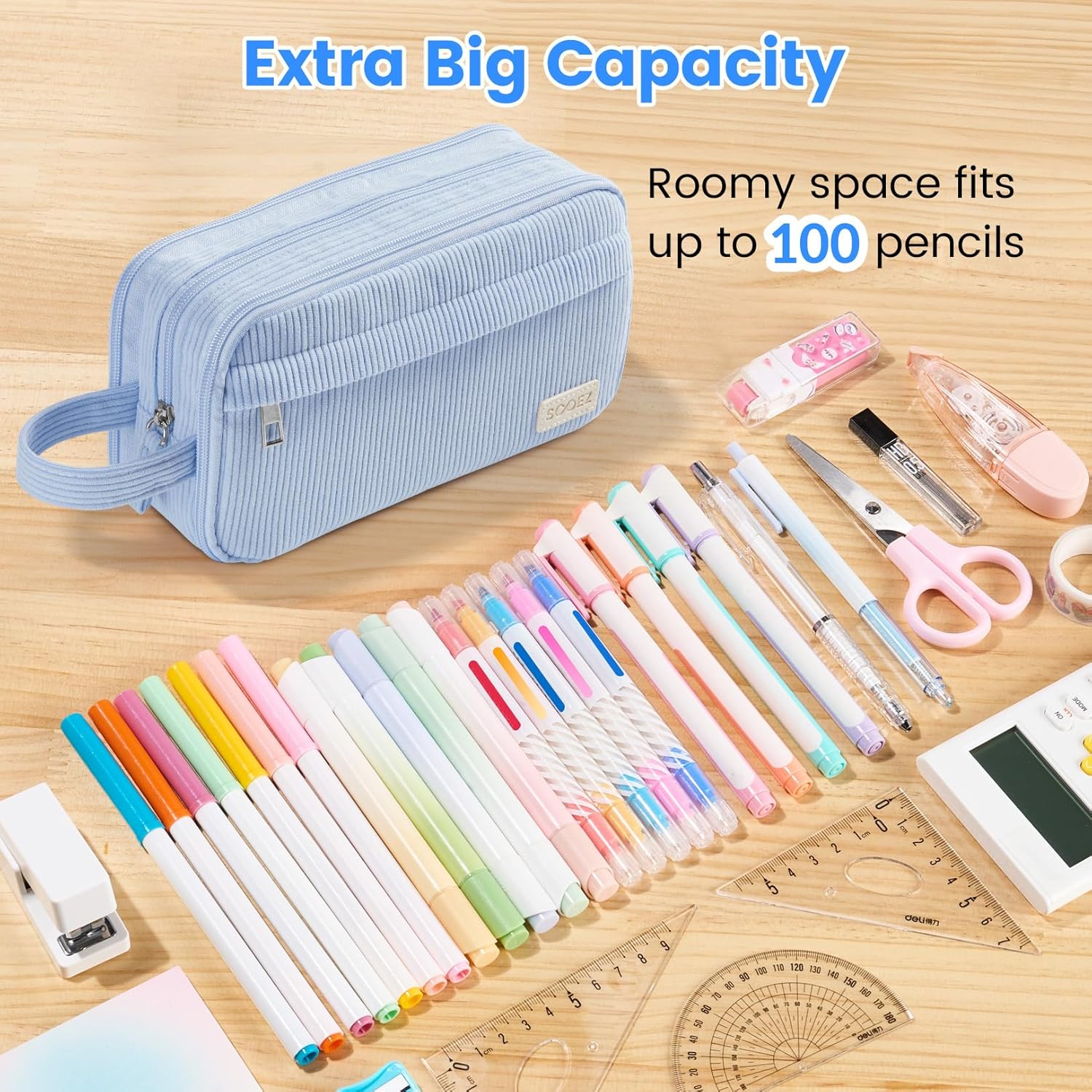 Sooez High Capacity Pencil Case. Soft Corduroy Pencil Pouch with 4 Compartments. Multiple Pockets. Large Pencil Bag with Sturdy Zipper. Cute Pencil Case Pouch Organizer for Student Teen Girls. Blue - Image 3